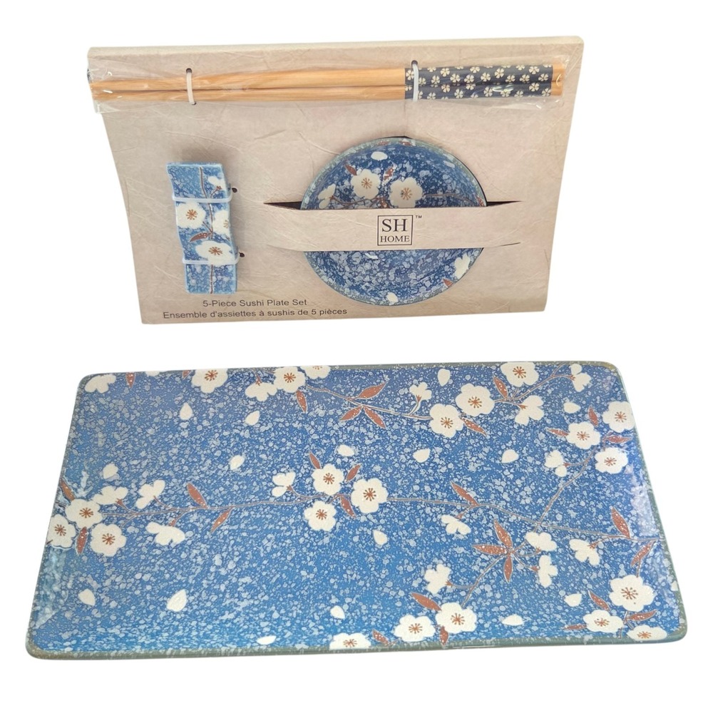 SH Home 5-Piece Ceramic Sushi Plate Set Blue Sakura Cherry Blossom Design 11x6in